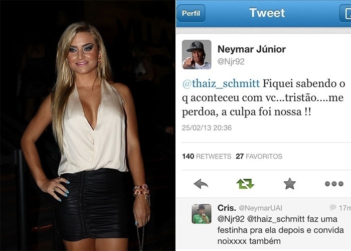 26.fev.2013 - Ao saber que a amiga Thaz Schmitt foi barrada na sua festa de aniversrio, o jogador Neymar tratou de se redimir em pblico enviando uma mensagem para o Twitter da Coelhinha da 